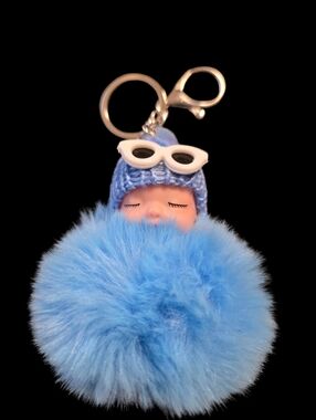 Baby Blue Faux Fur Pom Bag Charm Keychain with Sleepy Doll Accent